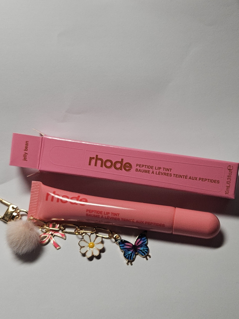 RHODE Peptide Lip Tint Keychain Tube in Jelly Bean Pink with Charm Accents New